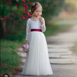 White Lace Long Sleeve Tulle Flower Girl Dress with Maroon Bow